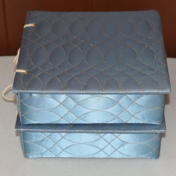 Lot of (2) Vtg Blue Quilted Satin Vanity Square Box For Glove Handkerchief Scarf - Picture 5 of 8